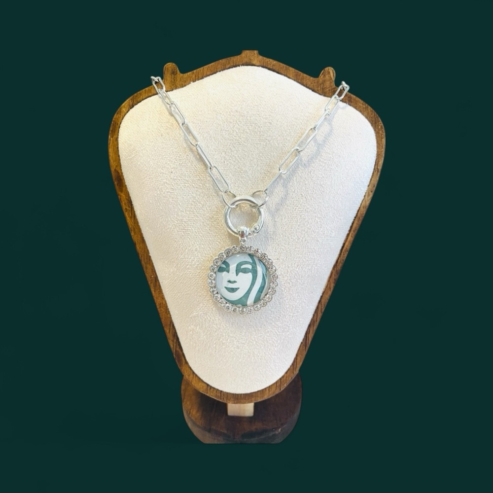 Silver and Green Starbucks Pendant Necklace 17” Paperclip chain